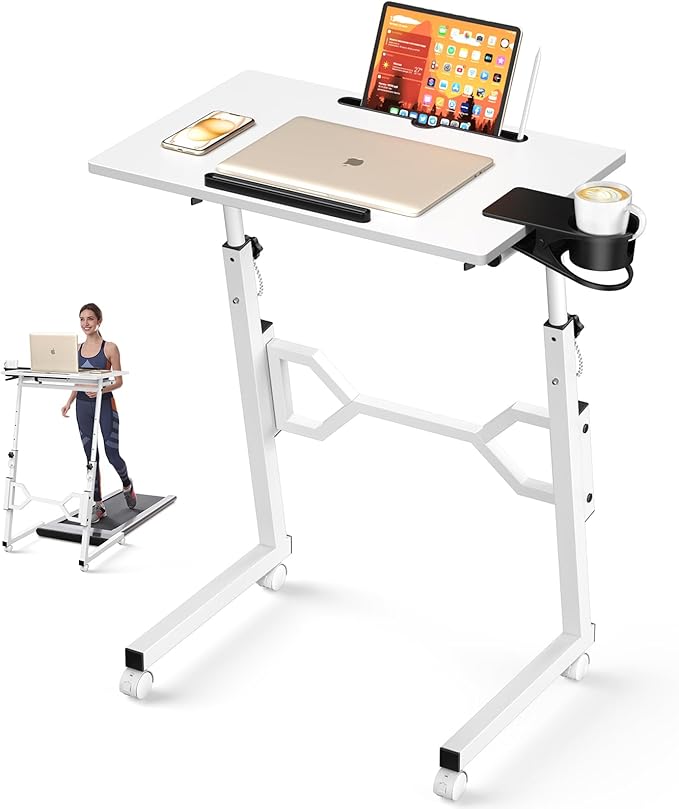 Small Standing Desk with Wheels Portable Treadmill Desk Rolling Desk Adjustable Height for Laptop Mobile Standing Table for Walking Pad Bedside Table