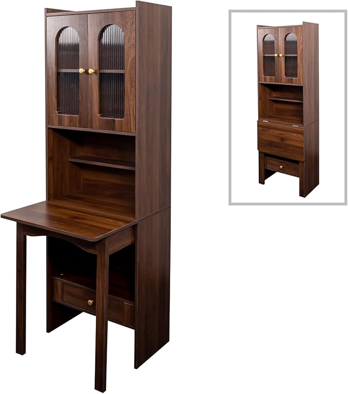 Hideaway Fold Out Home Office Desks Folding Desk with Storage Shelves &amp Drawers Convertible Murphy Desk Cabinet with Bookcase for Small Space Work Study Room (Walnut)
