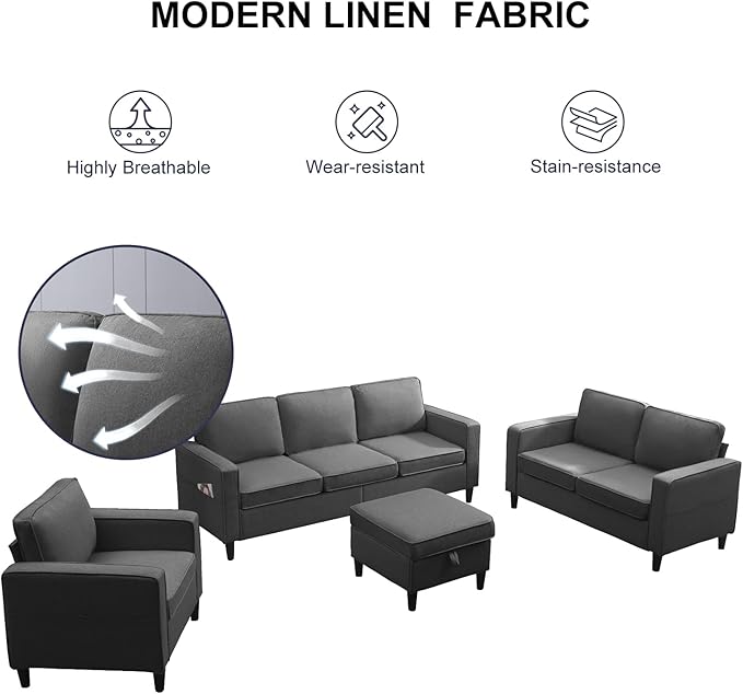 3 Pieces Living Room Sofa Set Linen Couch and Loveseat &amp Chair Sets with Ottoman &amp Armchair Modular Sectional Sofa Couch Furniture Set Wood Legs Sofas Couches for Living Room - Dark Grey