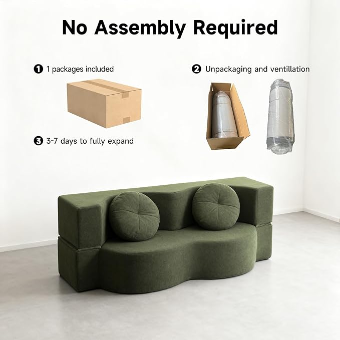 2-in-1 Convertible Folding Sofa Bed Sleeper Sofa with Pillow Teddy Fabric High-Density Foam Floor Mattress Sleeper for Living Room Guest Use Office Apartment No Assembly Required (Green)