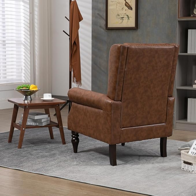 Mid-Century Wingback Chair PU Leather Accent Chair Armchair with ButtonsModern Living Room Chairs with Rivet DecorationLeisure Single Sofa Chair for BedroomClubHome Reception (PU Brown)