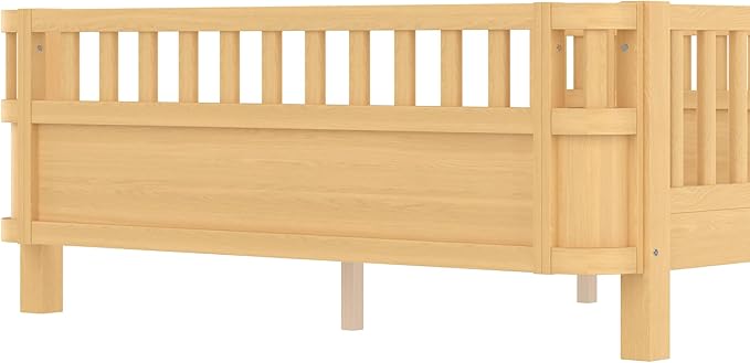 Bellemave Full Size Montessori Bed with Fence and Slats Full Size Low Platform Bed Frame with Detachable Side Bed Rails and Rounded Corner Design Easy Assemble Montessori Bed Natural
