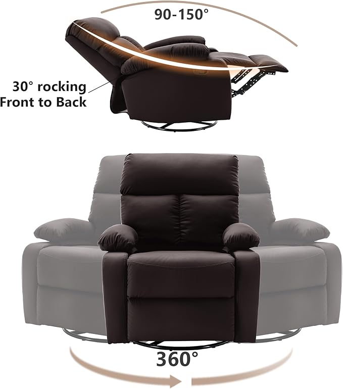 Swivel Rocker Recliner Chair Small Manual Reclining Chair with Overstuffed Arm and Back PU Leather Single Sofa Seat for Living Room Bedroom Dark Brown