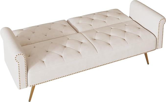ERYE Tufted Futon Sofa Bed Modern Velvet Upholstered Loveseat Sleeper Futon Sofabed with Split Adjustable Backrest Nailhead Decor and Elegant Golden Legs for Home Apartment RV Office Studio Bedroom