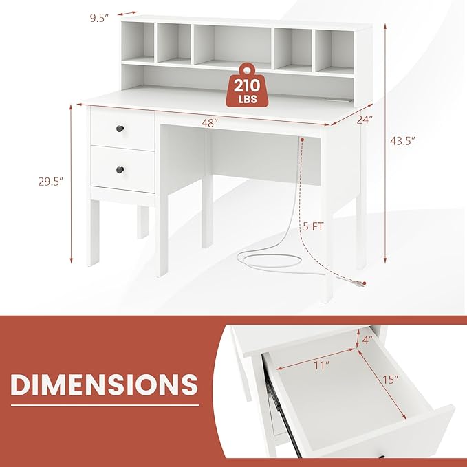 Tangkula White Desk with Drawers &amp Hutch Modern Home Office Desk Writing Study Desk with Charging Station Laptop Desk with 5 Storage Compartments Computer Workstation Makeup Vanity Desk