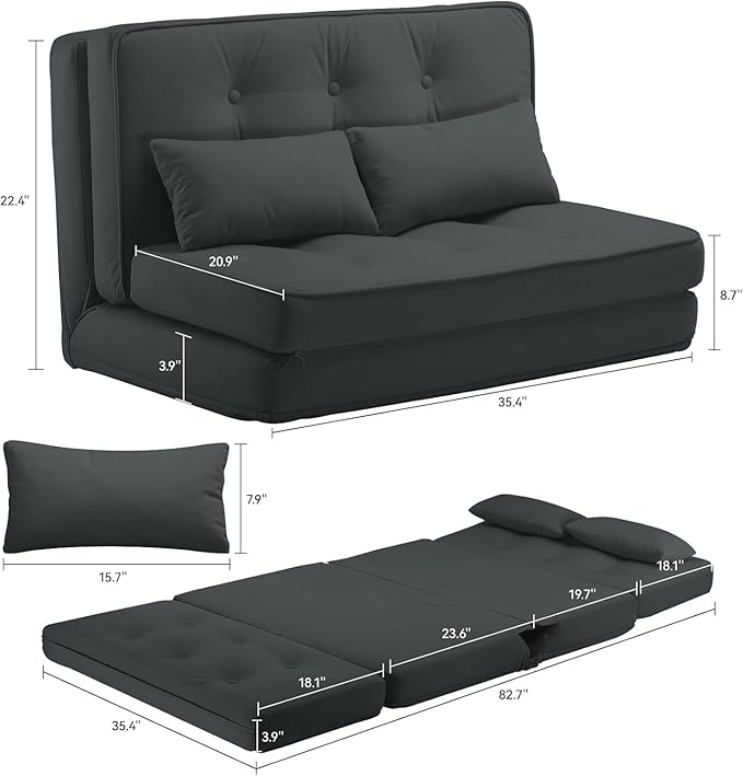 COMHOMA Folding Sofa BedConvertible Sleeper Chair with PillowsFold Out Chair Bed&ampFabric Floor CouchFoldable Mattress with Adjustable Backrest for Living RoomGuest RoomDorm (Black)