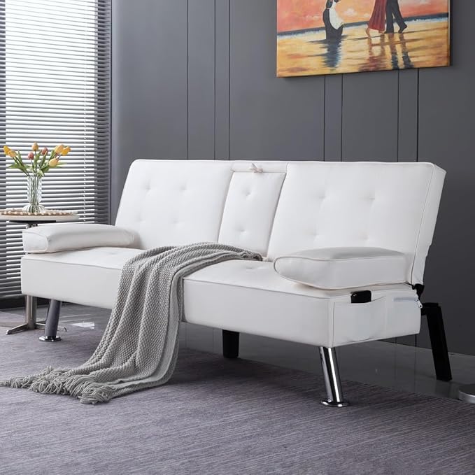 Sofa Bed Adjustment Sofa Double-Sided Double Sofa Folding Sofa Bed GuestbedcupholderBed Modern PU and Polyester Lounge Chair (White)