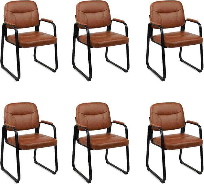 CLATINA Waiting Reception Chairs No Wheel Leather Guest Chair with Padded Arms Modern Brown Office Desk Chairs with Sled Base for Office Meeting Conference Room Lobby Home Living Room (6 Pack)