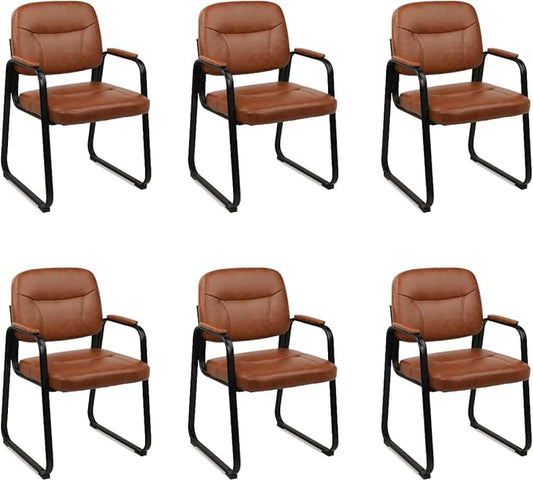 CLATINA Waiting Reception Chairs No Wheel Leather Guest Chair with Padded Arms Modern Brown Office Desk Chairs with Sled Base for Office Meeting Conference Room Lobby Home Living Room (6 Pack)