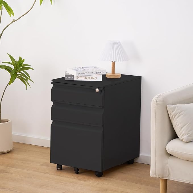 3 Drawer Metal Filing Cabinet with Lock Black Mobile File Cabinets for Home Office Under Desk Rolling Storage for Legal Letter A4 Files (15.3 Wx19.6 Dx23.7 H)