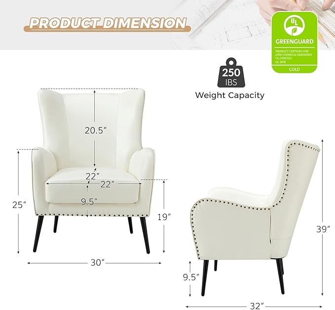 HULALA HOME Faux Leather Accent Chair with Removable Cushion Comfy Upholstered Armchair with Black Metal Legs &amp Nailhead Trim Wingback Vanity Chair for Reading Living Room Bedroom Ivory