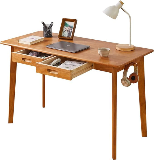 Wooden Computer Desk with Drawer and Hanging Rod Modern Minimalist Style PC Laptop Computer Workbench with Solid Wood 47 Home Office Work Table Cherry Wood Color YD-WD03N