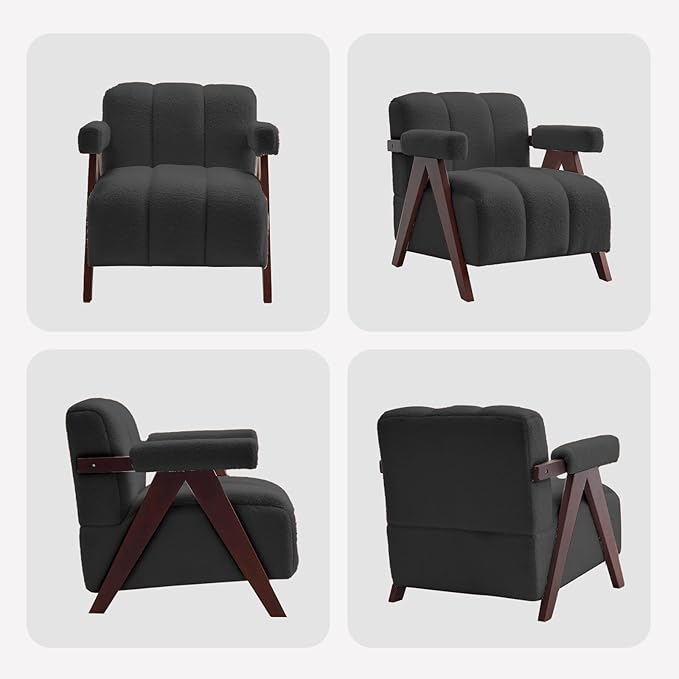Accent Chair Mid-Century Modern with Wide Backrest for Bedroom Upholstered Living Room Chair with Wooden Lounge Armchair with Thick Cushion Cute Teddy Comfy Chair Dark Grey
