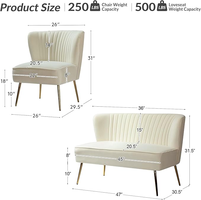HULALA Home 3 Piece Velvet Living Room Furniture Set Modern Comfy Upholstered Chair Set with Golden Legs Include Loveseat &amp 2 Accent Chairs for Bedroom Ivory Tufted 2-Seater Sofa &amp Armless