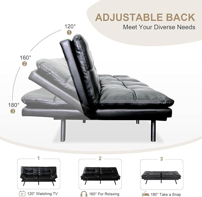 Opoiar 71-Inch Futon Sofa Bed Convertible Guest Bed &amp Loveseat | Cozy Faux Leather with Adjustable Positions for Welcoming Living Rooms - Black