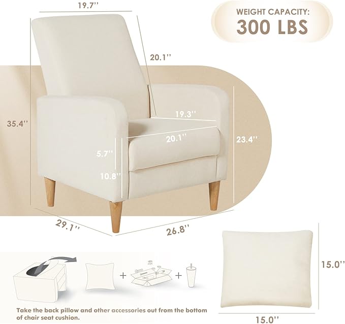 COLAMY Mid-Century Modern Upholstered Accent Chair with Back Pillow &amp Solid Wood Legs Fabric Cozy Armchair for Living Room Bedroom Reading Nook Apartment &amp Small Spaces Beige