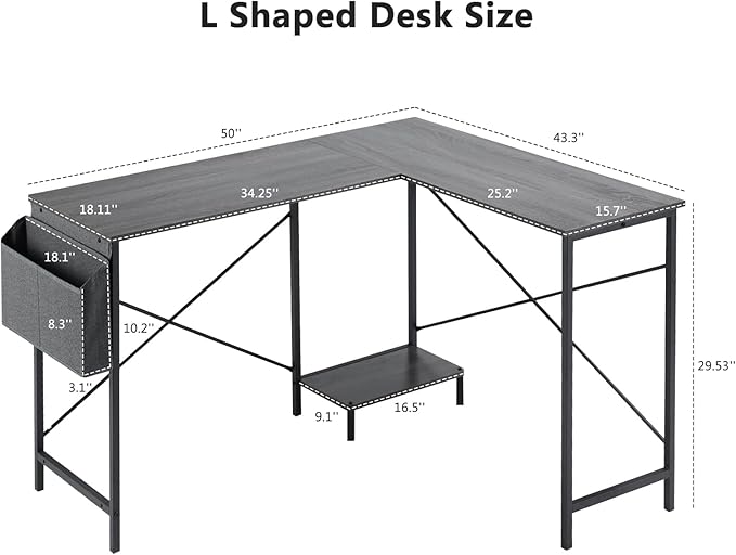 Living&ampGiving L Shaped Gaming Desk 49 Black Home OfficeBedroom Computer Table for Study Standing Executive Desk with CPU Storage Shelf &amp Side Bag Grey
