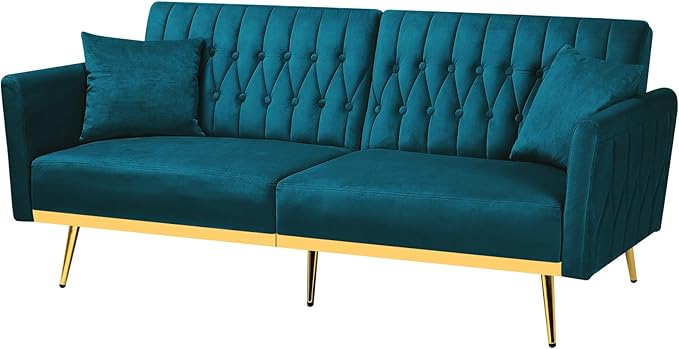 70” Velvet Futon Sofa Bed w/Adjustable Armrests and Backrest Convertible Futon Couch w/2 Pillows Modern Sleeper Bed for Living Room Bedroom Teal