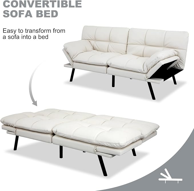 MUUEGM Futon Sofa Bed Convertible CouchMemory Foam Futon Sofa CouchSleeper Futons Sofa CouchesSmall Splitback Modern Loveseat Sofa Bed for Living RoomOfficeApartmentFaux LeatherWhite.