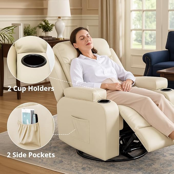 COMHOMA Recliner ChairPU Rocking Chair for AdultsSwivel Recliner with Cup HoldersSingle Sofa Seat with Side Pockets for Living RoomBedroom(White)