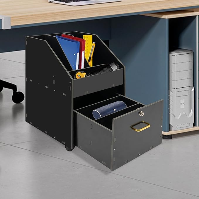 Mobile File Cabinet with Lock Freestanding Rolling File Cabinet with 6 Wheels 15.75x18.9x23.8in Under Desk File Organizer for Home Office Practical Handle (Black)