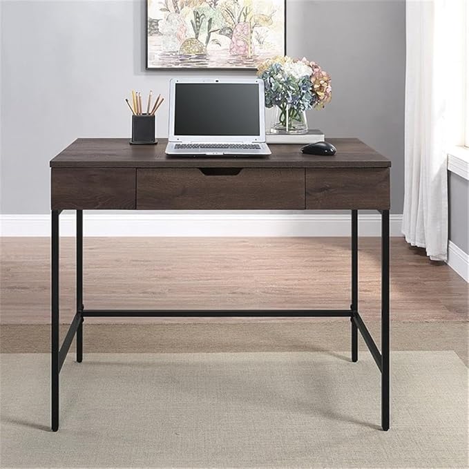 Pemberly Row Contemporary Sit-to-Stand Desk 40 W x 20 D x 31 H Ozark Ash Engineered Wood Adjustable Height Patent Pending Lift Mechanism Drawer and Storage Modern Steel Frame Home Office