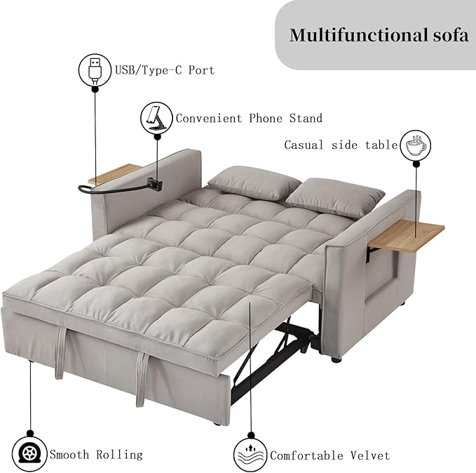 Loveseat Sleeper Sofa 3 in 1 Convertible Sofa Bed Adjustable Backrest Comfy Pull Out Couch Modern Upholstered Sofa for Living Room Bedroom Apartment Small Space (Grey with Side Table)
