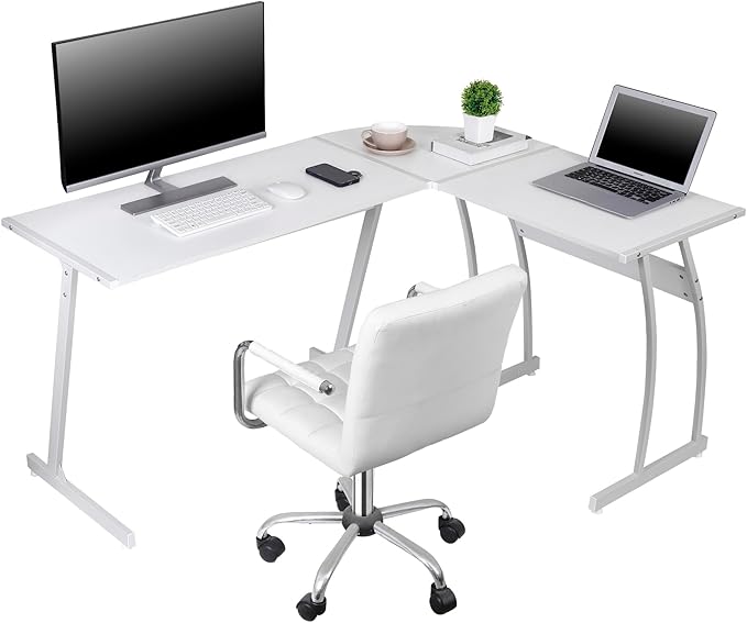 ZenStyle 55 L-Shaped Corner Computer Desk - Sturdy Steel Frame &amp Waterproof Surface White Wood Grain Design for Home Office Gaming &amp Multipurpose Workstation