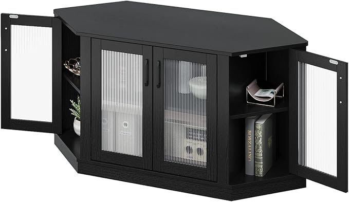 Panana Corner TV Stand - 47 Inch Media Console with 4 Doors and Shelves Living Room Storage Entertainment Center for TVs up to 51 Inch (Black)