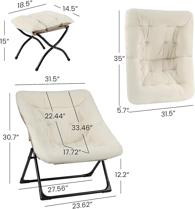 Comfy Saucer Chair for Adults Soft Faux Fur Bedroom Chair with Ottoman Accent Dorm Chairs Living Room Reading Chairs and Footstool Folding Seat for Teens X-Large Beige