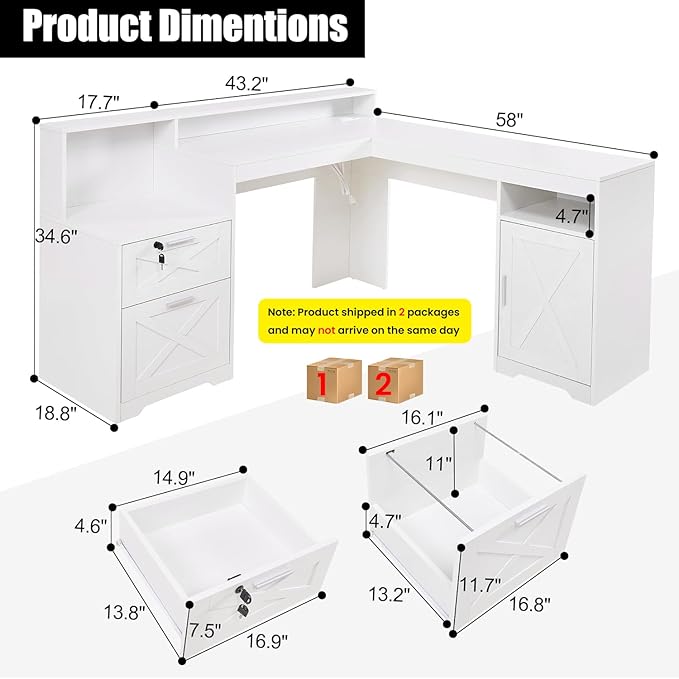 60 L Shaped Executive Desk with Printer SpaceCorner Computer Desk with Power OutletsLockable Drawers &amp Adjustable File CabnetL Shaped Office Desk with Monitor Stand (White)