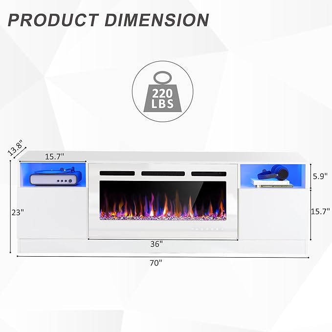 AHB Fireplace TV Stand LED Light Entertainment Center with 36 Electric Fireplace and Storage Cabinet Media Console Table for TVs Up to 80 Inches Ideal for Living Room 70 Inches (All White)