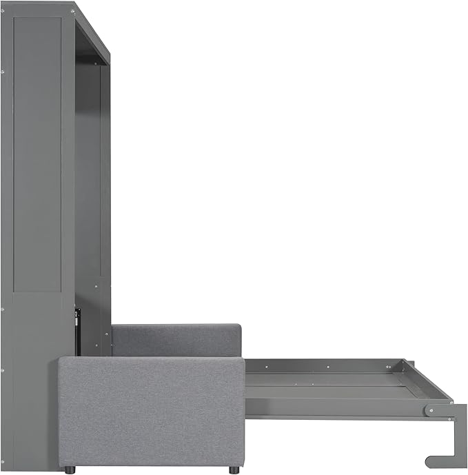 Linique Queen Size Murphy Bed with Sofa and Top Shelf Horizontal Wall Bed Versatile Convertible Wooden Bed Frame Grey 87x66.8