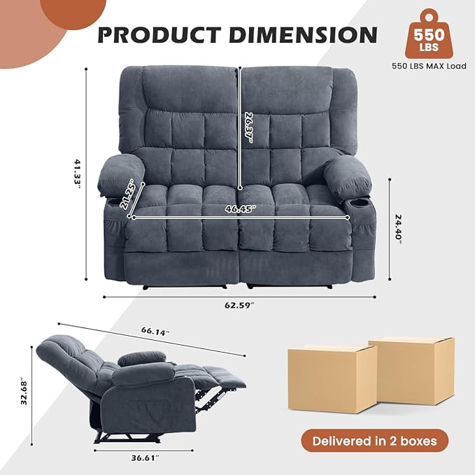 Recliner Loveseat with Cup Holders for Living Room Love Seat Manual Oversized Recliner with Ergonomic Side Pocket for Adult