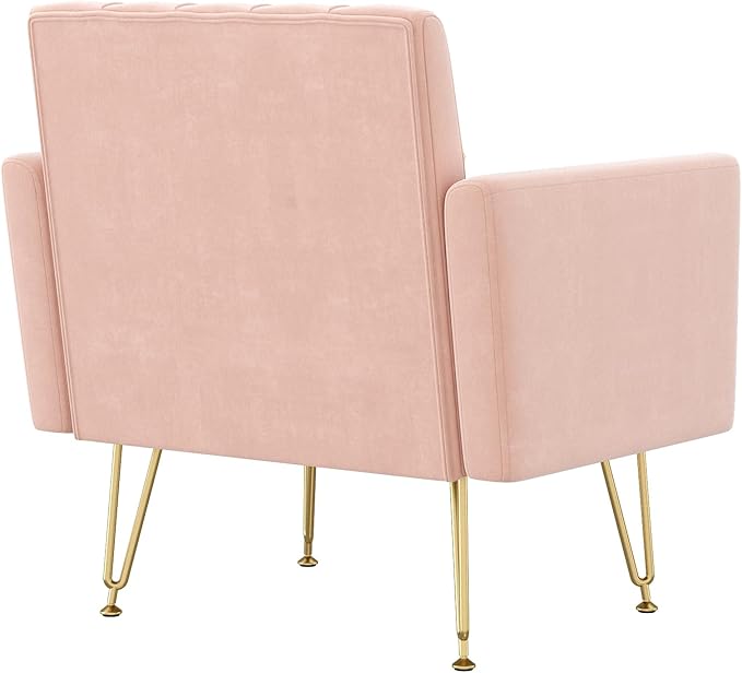 KEIKI Small Velvet Accent Chair 31 Inch Modern Tufted Upholstered Armchair with Metal Leg Comfortable Single Sofa Side Reading Chairs Comfy Arm Chair for Bedroom Living Room Easy Assembly Pink