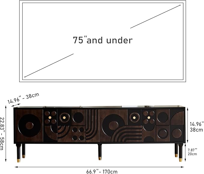 Modern TV Stand for 75 inch TV 66.9 Entertainment Center with Carved Geometric Doors TV Console with 4 Cabinet Storage Retro Art-Inspired Media Console for Living Room/Bedroom - Black