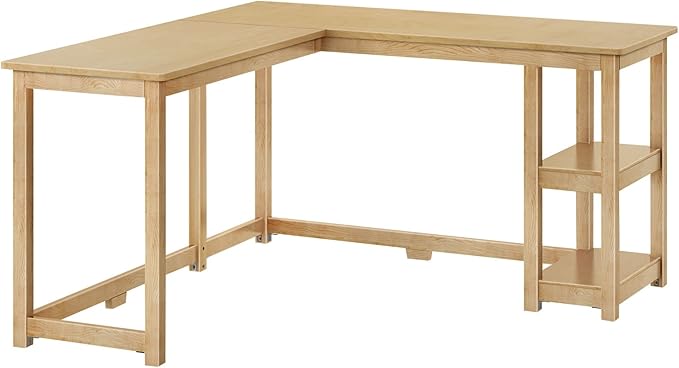 Max &amp Lily L Shaped Desk Corner Desk for Home Office Gaming Computer with Storage Shelves 55 x 55 Inches Natural