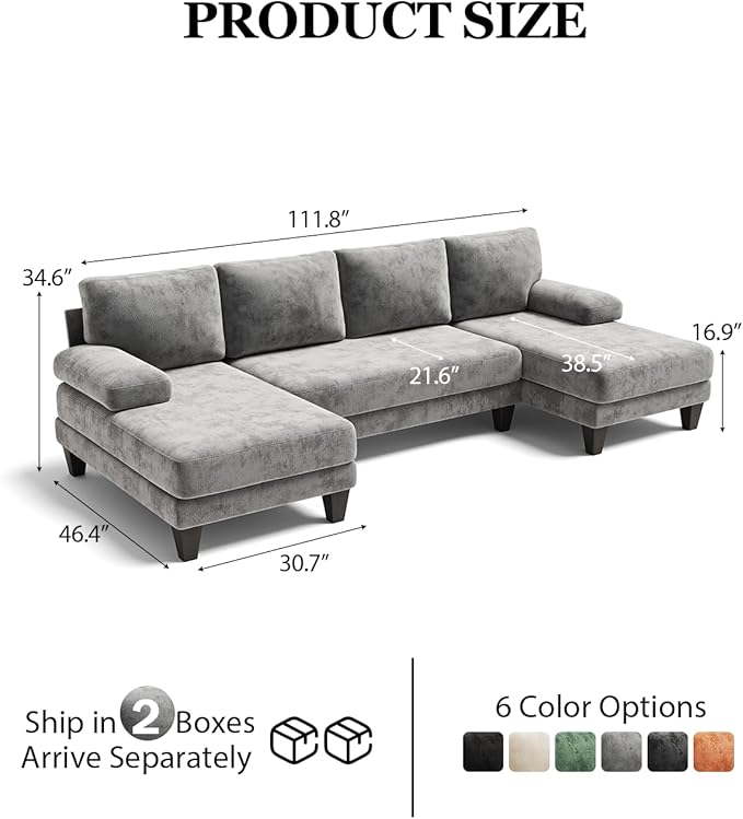 U-Shaped Sectional Couches for Living Room | Cheille Sofa with Double Chaise | 112 Inch Light Grey Sectionals Couch for Apartment