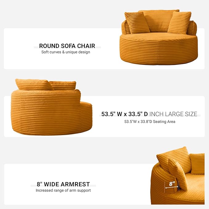 Oversized Round Lounge Chair Indoor Corduroy Upholstered Deep Seat Cloud Circle Sofa Chair Fluffy Boneless Sleeper Chair for Reading &amp Lounging No Assembly Required (Yellow)