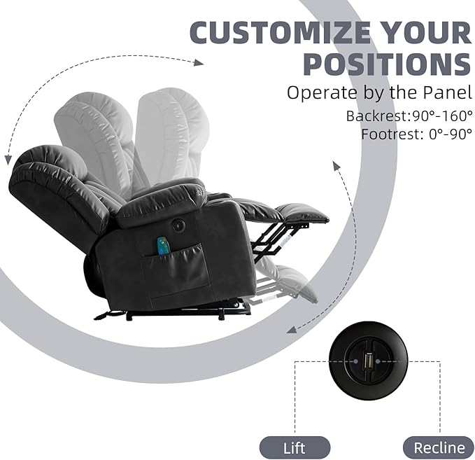 Power Lift Recliner Chair for Elderly Electric Recliner Chairs for Adults with Massage and Heat Cup Holders Remote Control Side Pockets USB Ports Leather (Black)