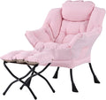 Welnow Pink Lazy Chair with Ottoman Modern Reading Accent Chair with Armrests and a Side Pocket Leisure Upholstered Lazy Sofa Set with Footrest for Small Space