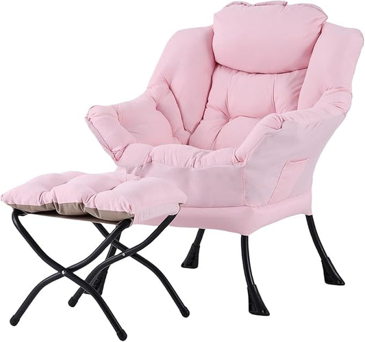 Welnow Pink Lazy Chair with Ottoman Modern Reading Accent Chair with Armrests and a Side Pocket Leisure Upholstered Lazy Sofa Set with Footrest for Small Space