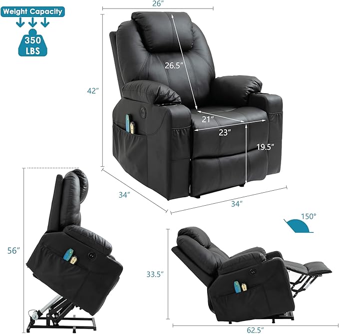 Power Lift Recliner Chair for Elderly Electric Massage Heated Recliner Faux Leather Lift Chair with 2 Remote Controls USB Ports Cup Holders &amp Side Pockets for Living Room (Black)