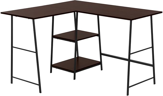 Computer Desk Home Office Corner Storage Shelves 48 l L Shape Work Laptop Brown Laminate Black Metal Contemporary Modern