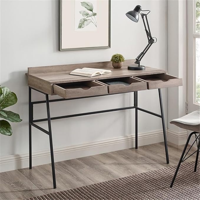 Pemberly Row 42 Engineered Wood 3-Drawer Desk Gray Wash Finish Angled Front Design Cutout Handles Cord Management Minimalistic Metal Legs Modern Writing Desk for Home Office