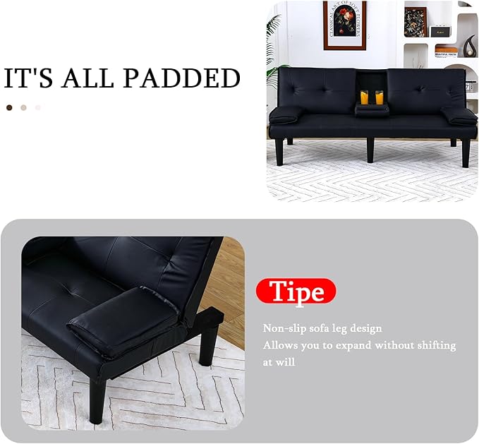 Convertible Sleeper Sofa Bed Modern Leather Futon Couch Bed Twin Size 67'' Recliner Reversible Loveseat Folding Couches Guest Bed for Small Spaces Living Room Office Dorm RV 2 Cupholders (Black)