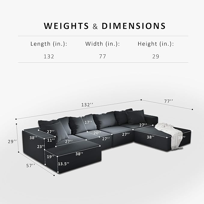 Yoglad 132 Modern L-Shape Sectional Upholstery Sofa 6 Seat Freedom Combination Living Room Sofa Comfy Deep Seat Floor Furniture with 6 Pillows for Living Room Office (Chenille Black)