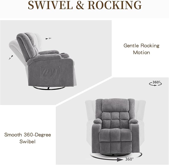 Furnimart 360° Swivel Rocker Recliner Chair for Adult Manual Recliner Chair with Massage and Heat Chenille Glider Rocker Chaise Lounge for Living Room Bedroom Home Theater (Gray)