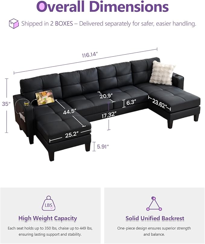 TYBOATLE 116’’ W Black Faux Leather Sectional w/USB and Cup Holders for Living Room Comfy Tufted U Shaped Sofa Couch w/Chaise Lounge Office Leather Sofa for Bedroom