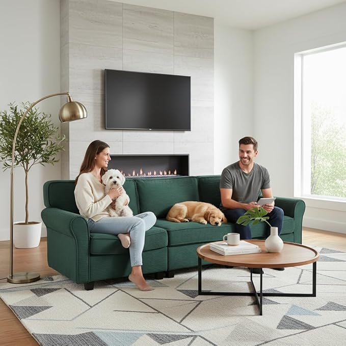 94 Sofa for Living Room 3 Seater Couch with Deep Seat Modern Comfy Corduroy Couches for Apartment Small Space Dark Green